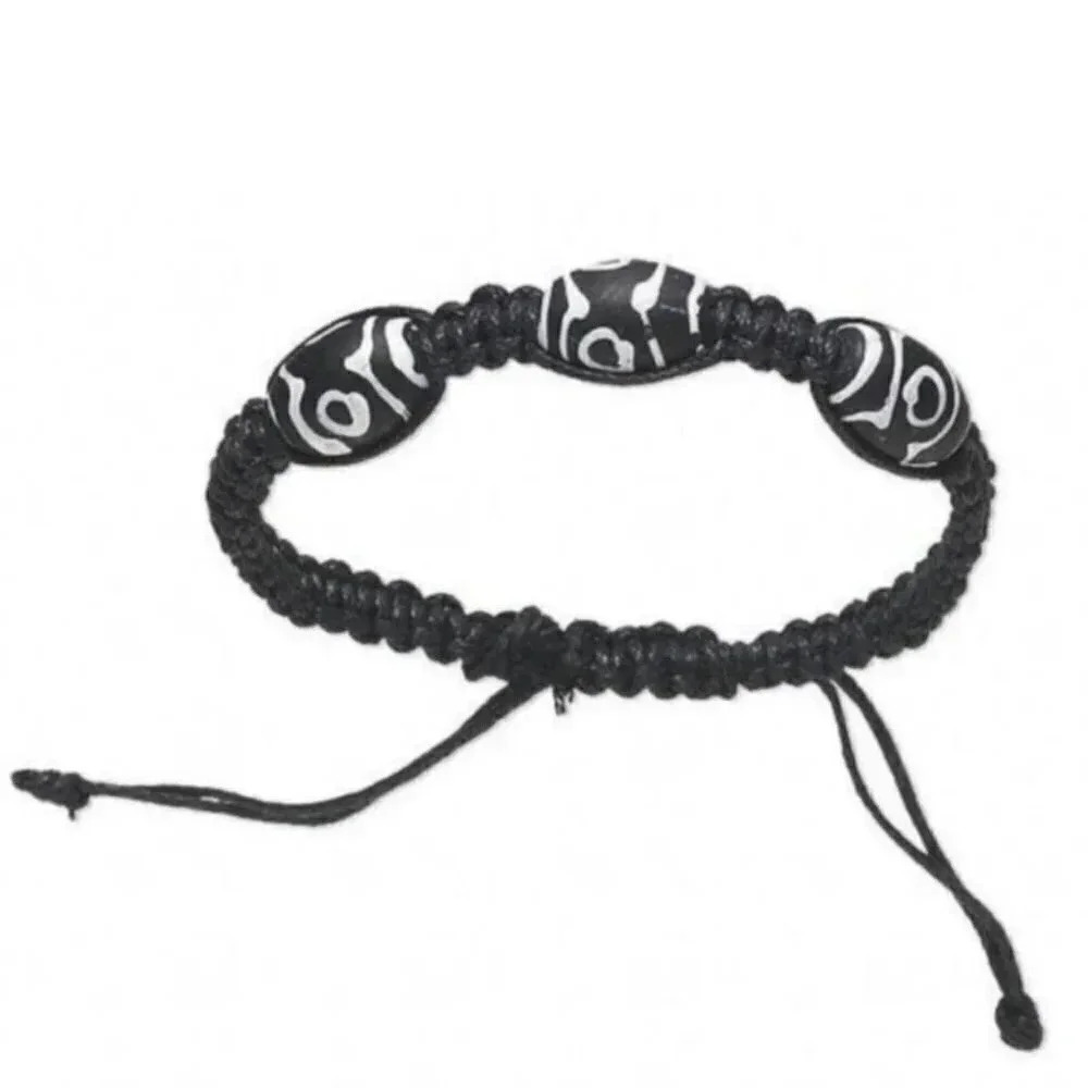Tibetan Dzi Style Painted Glass Black White Shamballa Macrame Pull Bracelet